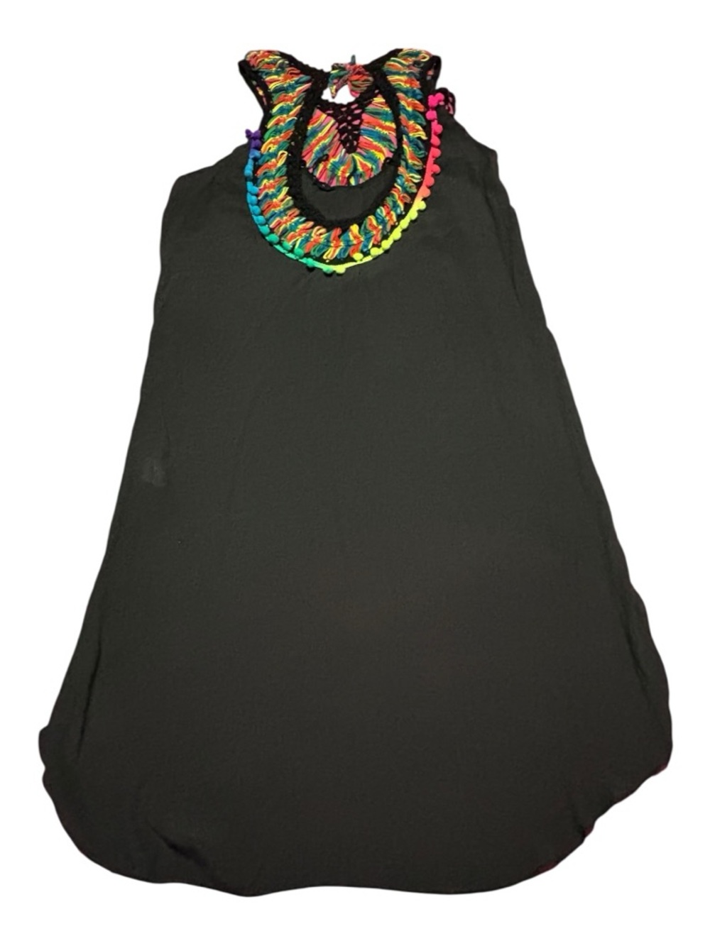 Black Tank Dress with Multicolor Crochet Neckline. Hi-Low pattern.